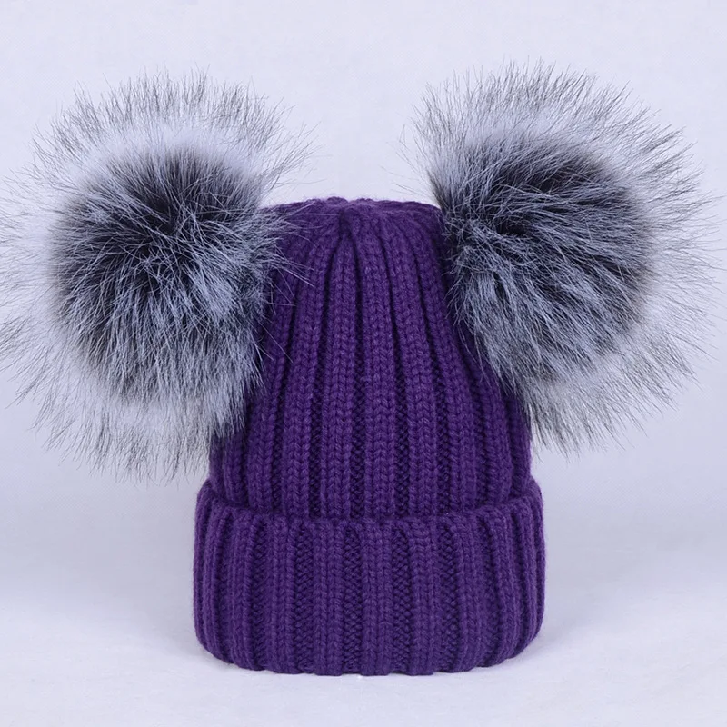2024 New arrival ebay hot sale faux silver fox knitted hat with double fur pom poms  for children adult