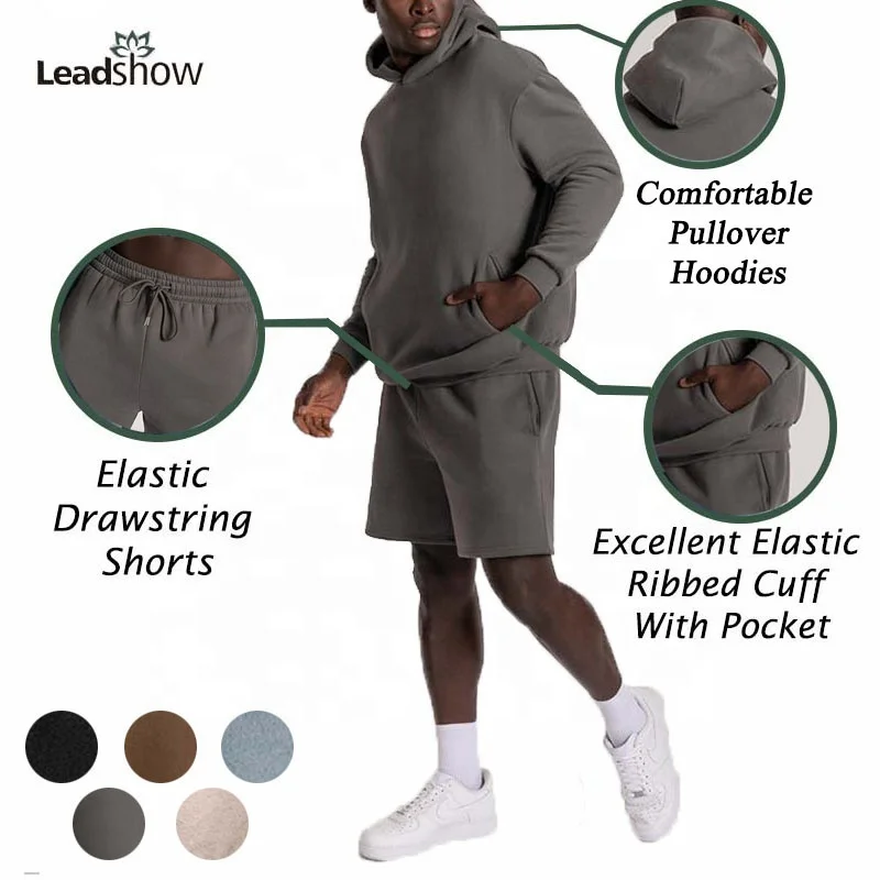 Wholesale Gym Plus Size Workout Tracksuit Organic Cotton Custom Logo Unisex Blank Clothing Hoodie Two Piece Shorts Sets Clothing