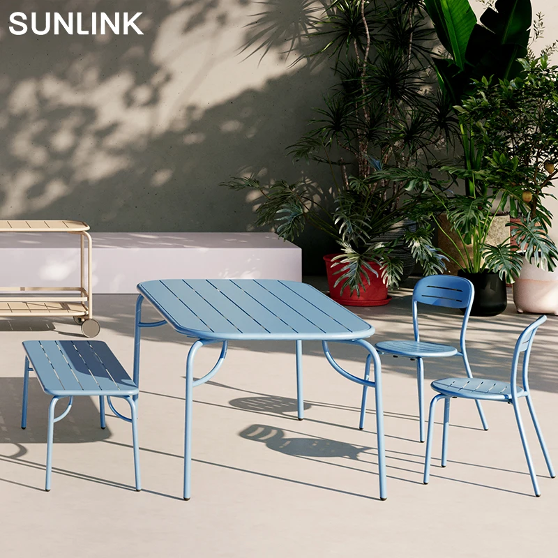 Aluminum Powder Coated Garden Courtyard Patio Outdoor Furniture Set Elegant Leisure Restaurant Bench Long Dining Table And Chair