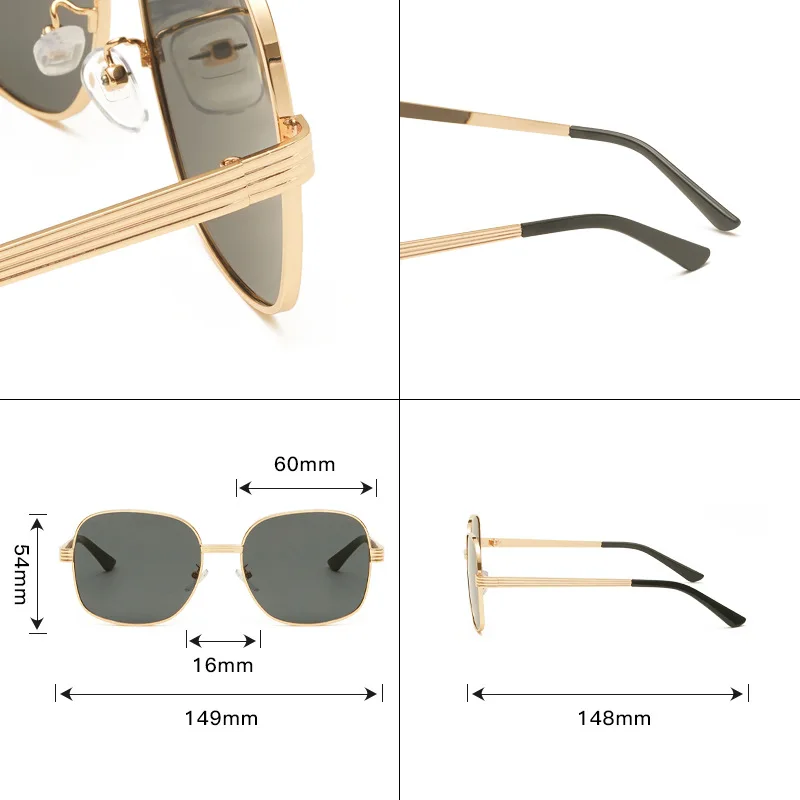 Large Frame Metal Sunglasses Gold Frame Black Grey Lenses Wholesale Women Personality Gold Frame Dark Green Lens Sunglasses