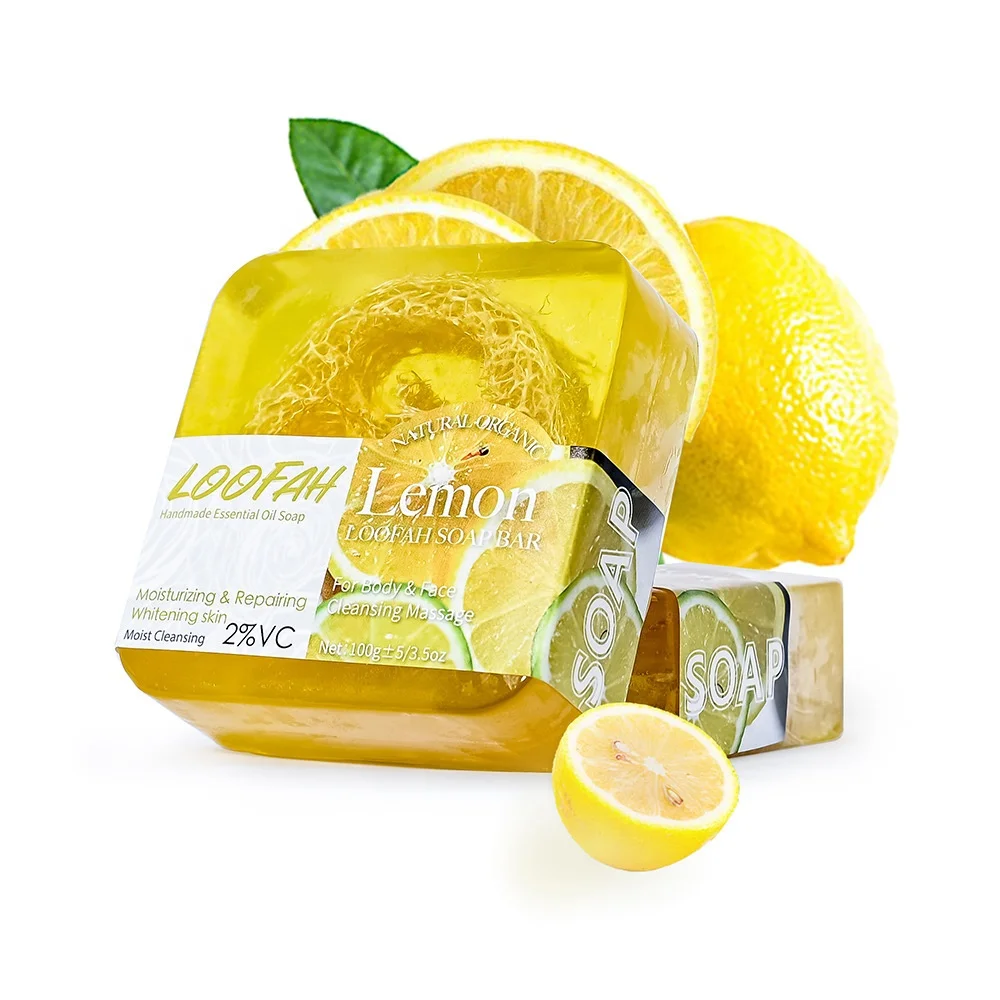 Private label lemon loofah soap deep cleansing bath mite removal smooth skin whitening handmade soap