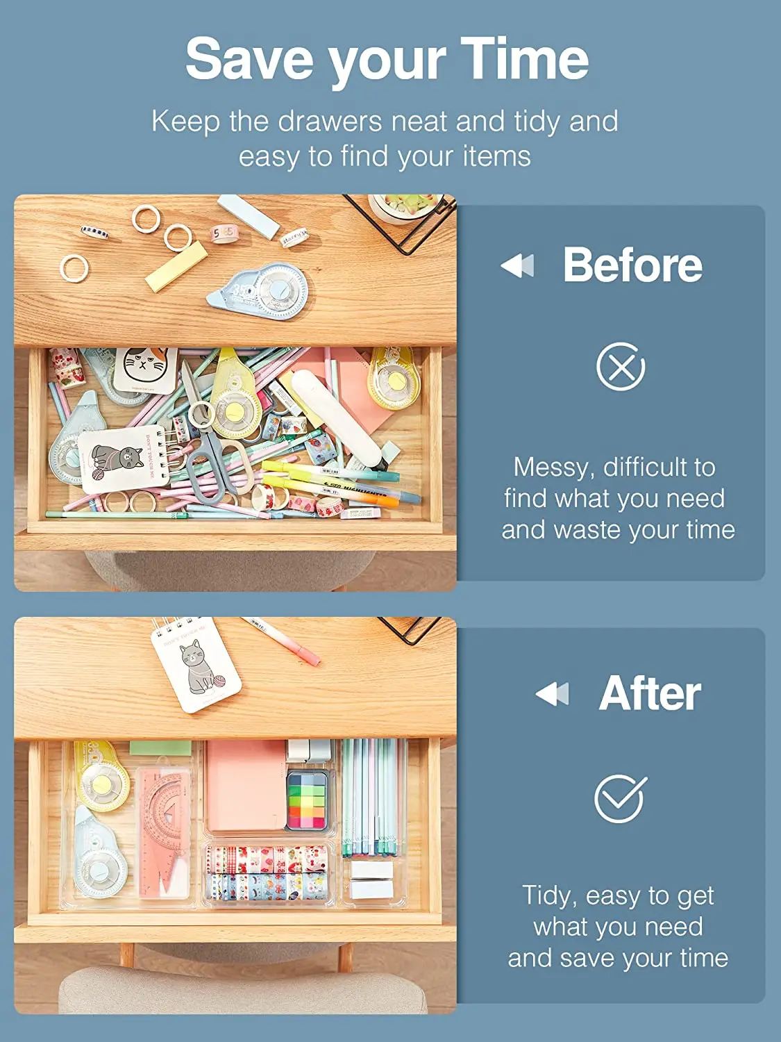 Desk Drawer Organizer Trays Set for Cutlery Makeup Tools Hot Sale Multi-purpose Plastic Storage Boxes Bins Acrylic Clear