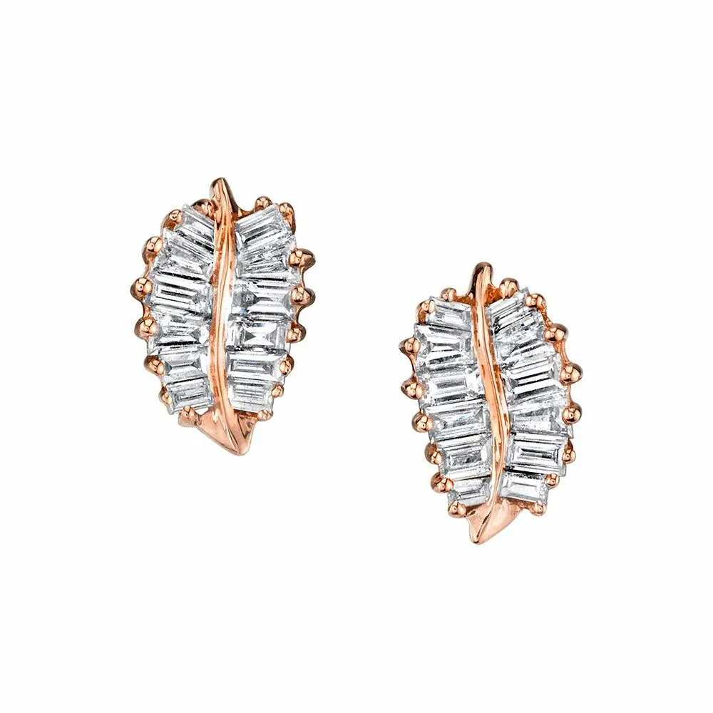 Big Brand OEM Custom Designer Jewelry 18k Gold 925 Silver Baguette Diamond Small Palm Leaf Studs Earrings