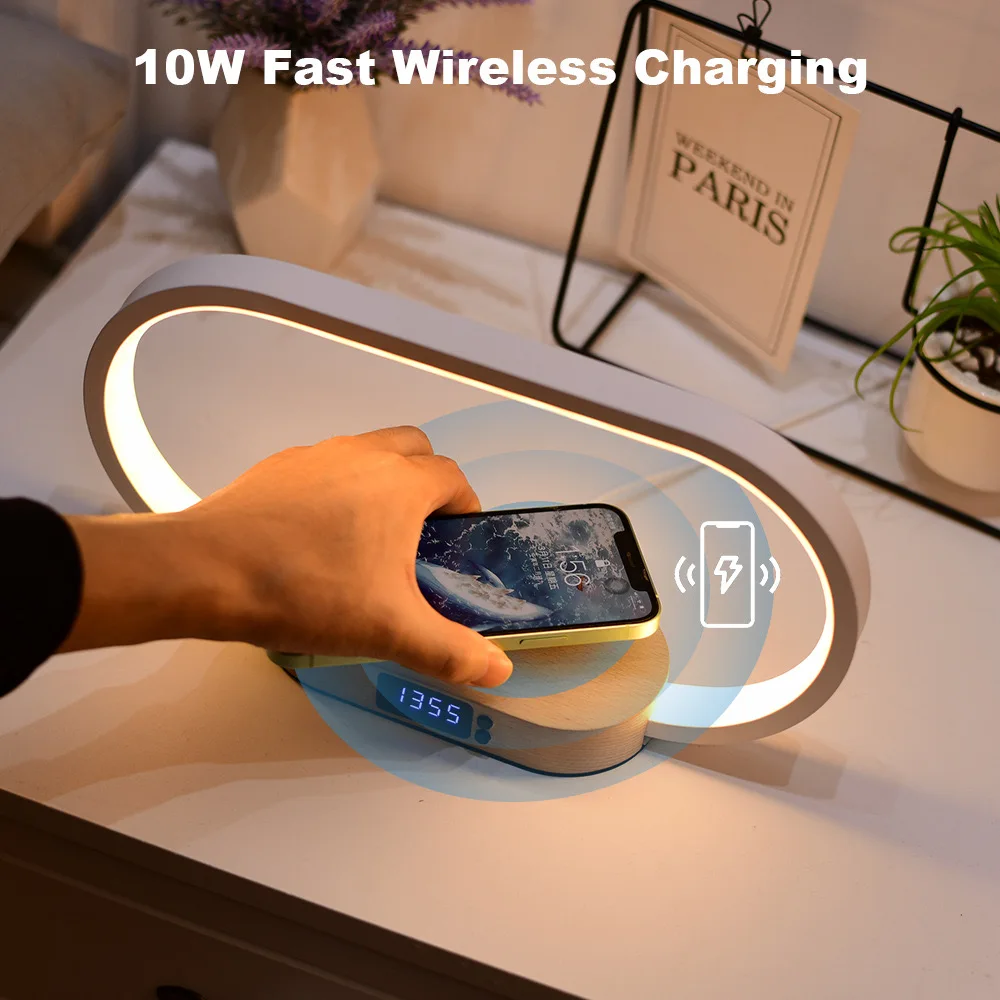 LED Wood Rechargeable Touch Dimmer Wireless Charging Night Clock Table Lamp For Home Decor Gift Party Holiday Wedding Christmas