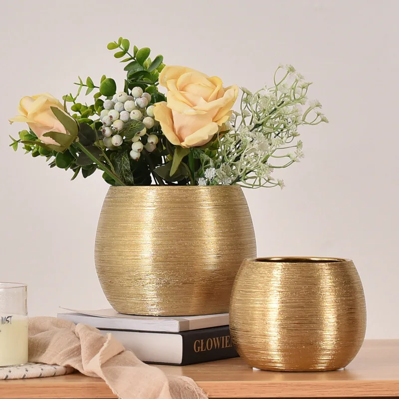 Nordic display ceramic flowerpot plant vase gold plated wire-drawing for living room decoration