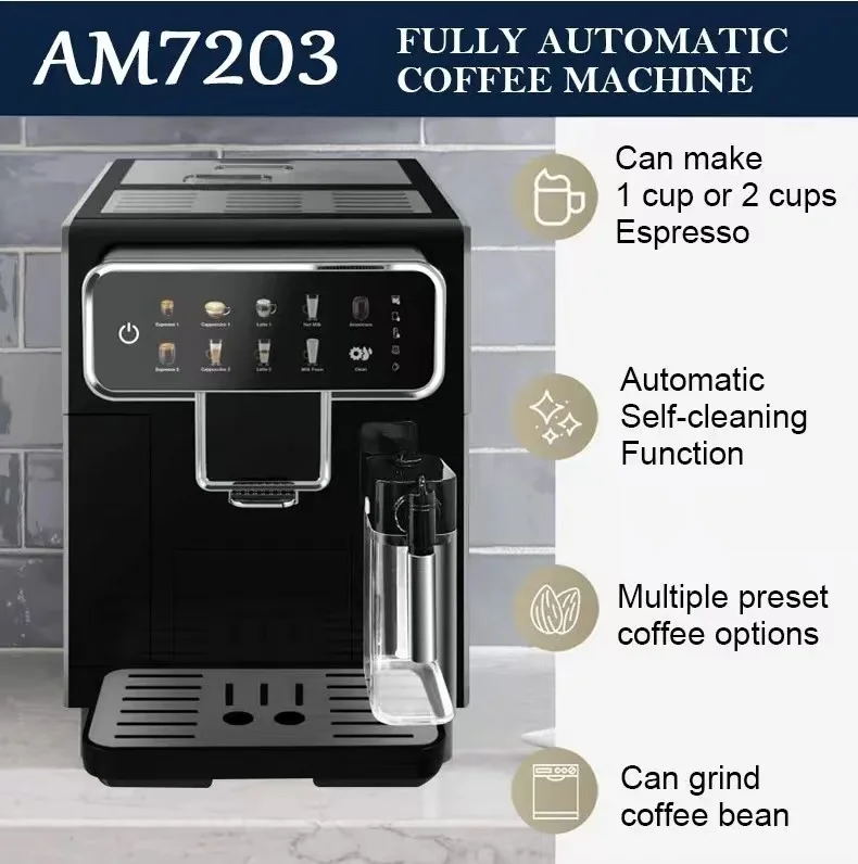 19 Bar Full Automatic Cafe Maker Built-in Adjustable Grinder and Manual Milk Frother Steam Wand  for Cappuccino Latte Macchiato