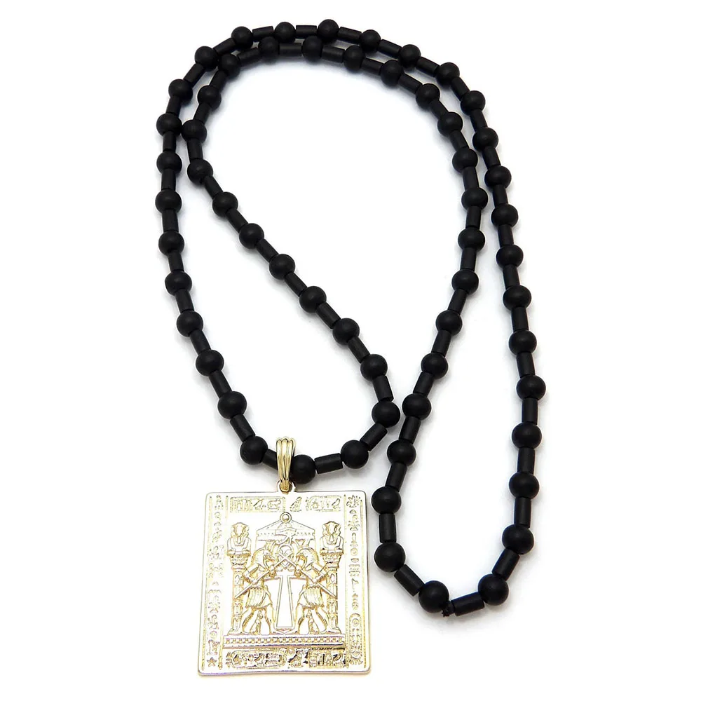 Egyptian Tablet Pendant 8mm 30inch Black Wooden Beads Hip Hop Necklace