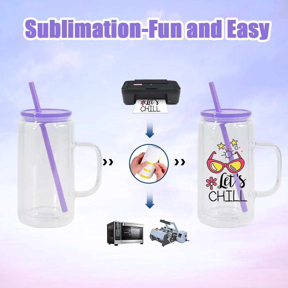 sublimation handle glass jar 16oz double wall glass tumbler with Colorful lid snow globe glass can with pre-drilled hole