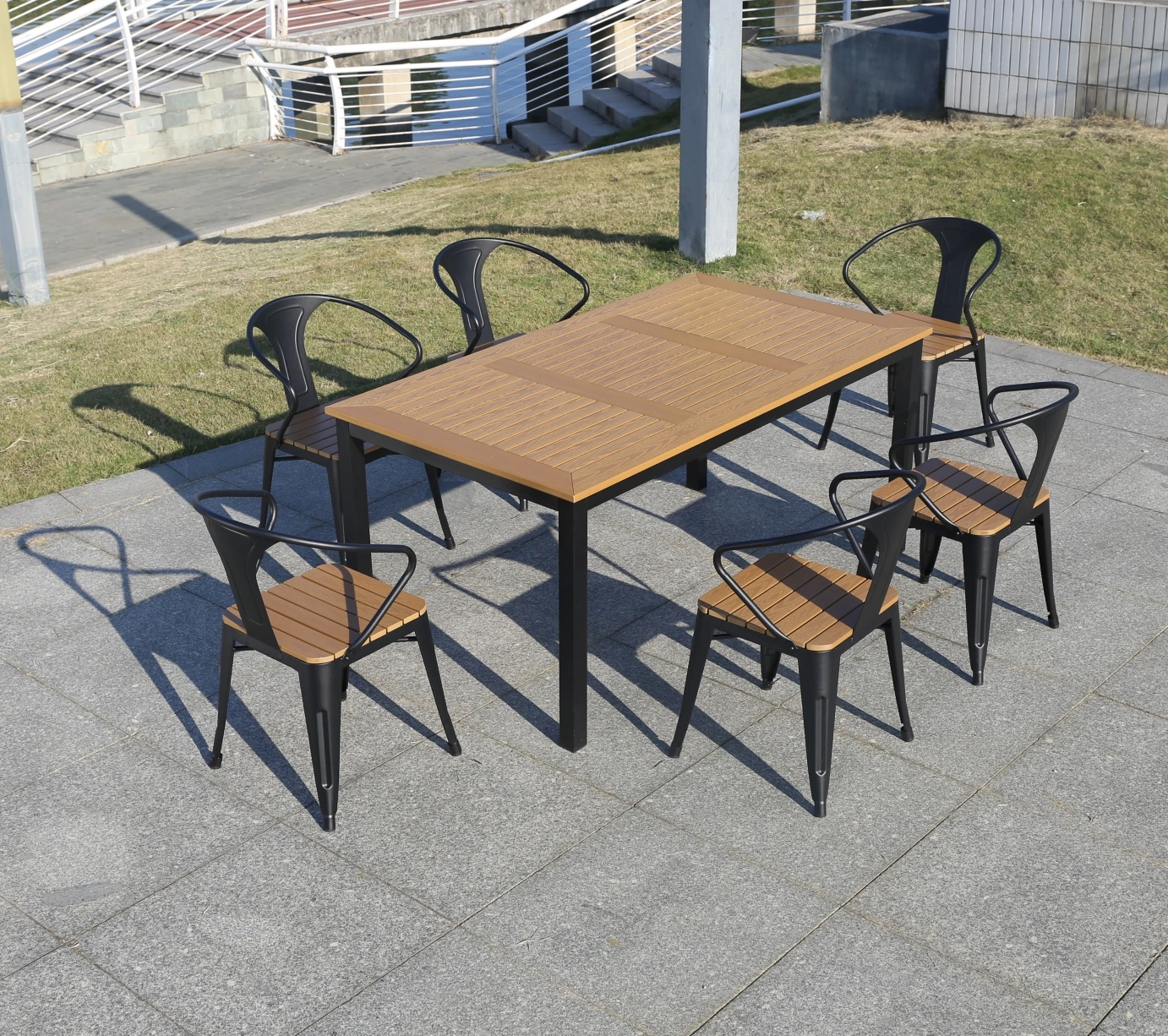 AWT003L China wholesale outdoor furniture plastic wood 160cm long table  with 4 or 6 people for garden patio villa courtyard