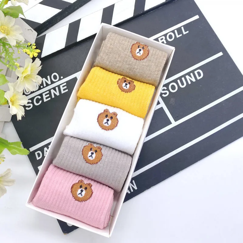 Wholesale Womens Woman Teen Girl Ankle Korea Cartoon Socks Short Cheap Fashion Funny White Cotton 5 Pairs Box Socks