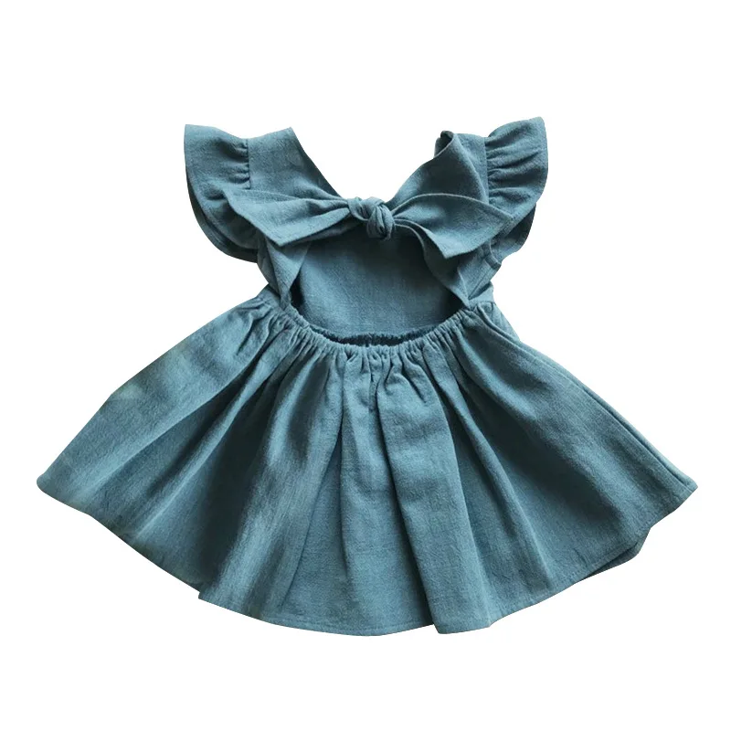 Flutter Sleeve Summer kids clothes solid color girls frocks linen cotton girl summer dress