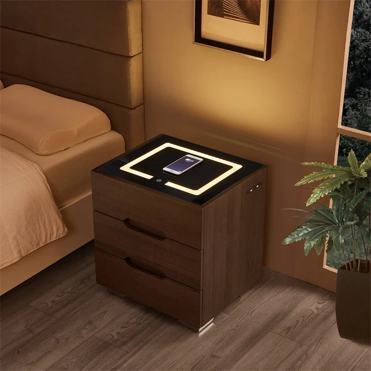 Home Furniture Bedroom Bed LED Light Smart Side Table Bedside Minimalist Wireless Charging Nightstands
