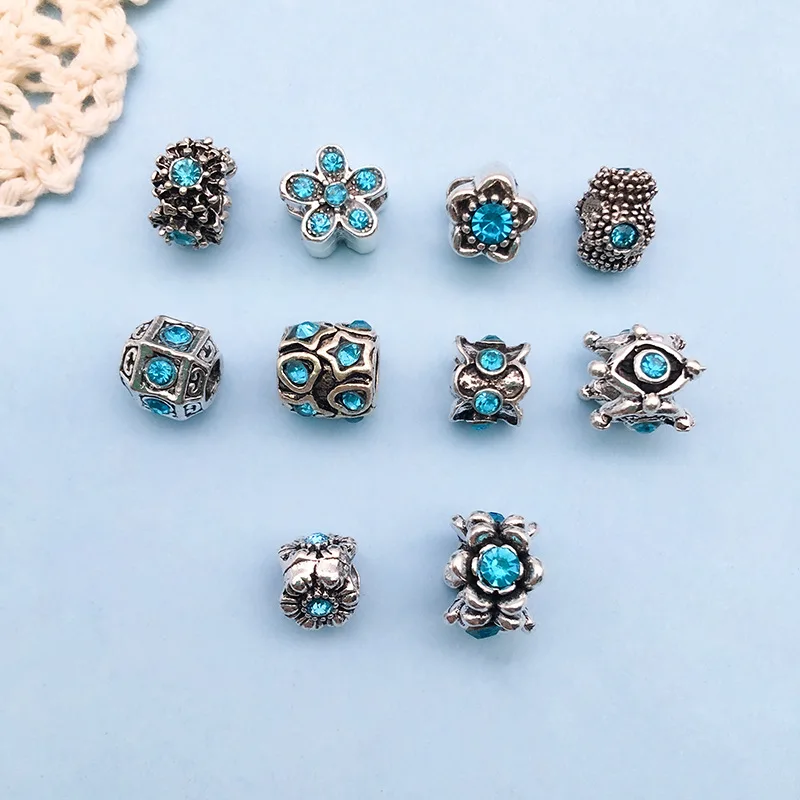yuku new randomly mixed 10 lake blue inlaid point drill ancient silver alloy large hole bead jewelry accessories bag