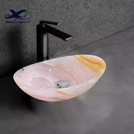 Modern Design Oval Irregular Shape Bathroom Freestanding Pink Onyx Marble Wash Sink Basin