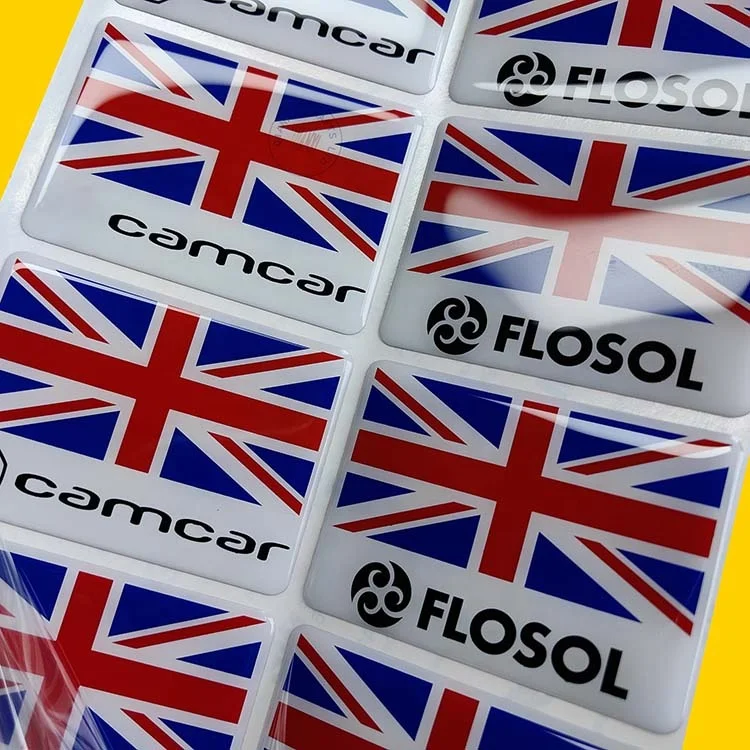 Custom transparent polyurethane gel 3d doming car badges manufacturers Resin over vinyl label pu domed decal Epoxy stickers