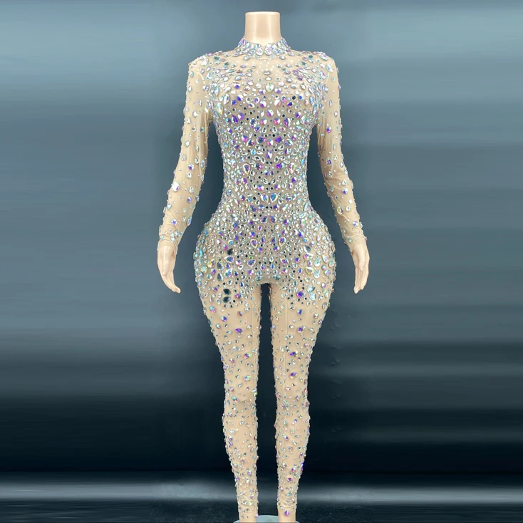 Online Wholesale Supplier Diamond Bodysuit See Through Crystal Mirror dance costume Singer Blinged Dance Wear