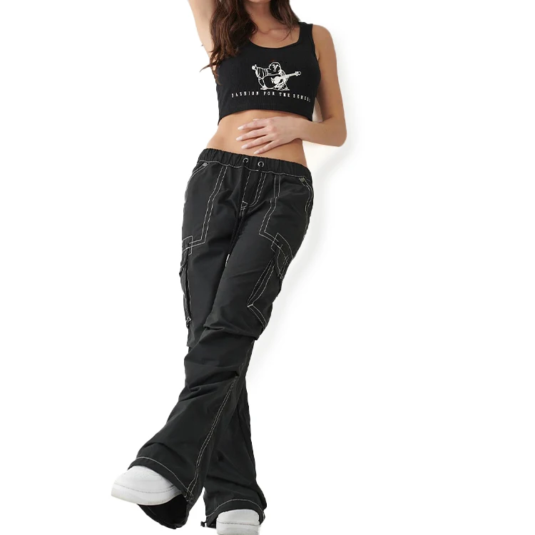 Custom OEM Manufacturer Vintage Pockets High Waist Streetwear baggy Casual ladies Long parachute Cargo Pant for women Trousers