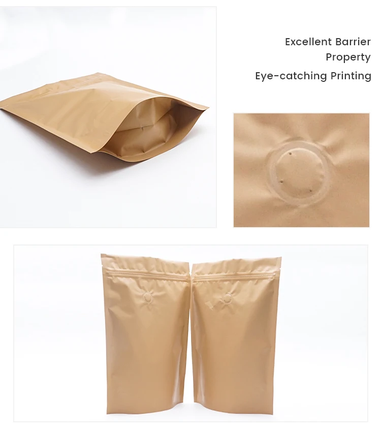 Natural Kraft Coffee Pouches Resealable Coffee Bag with Valve Flat Bottom Pull Tab Zipper Bags kraft paper coffee bag for sale