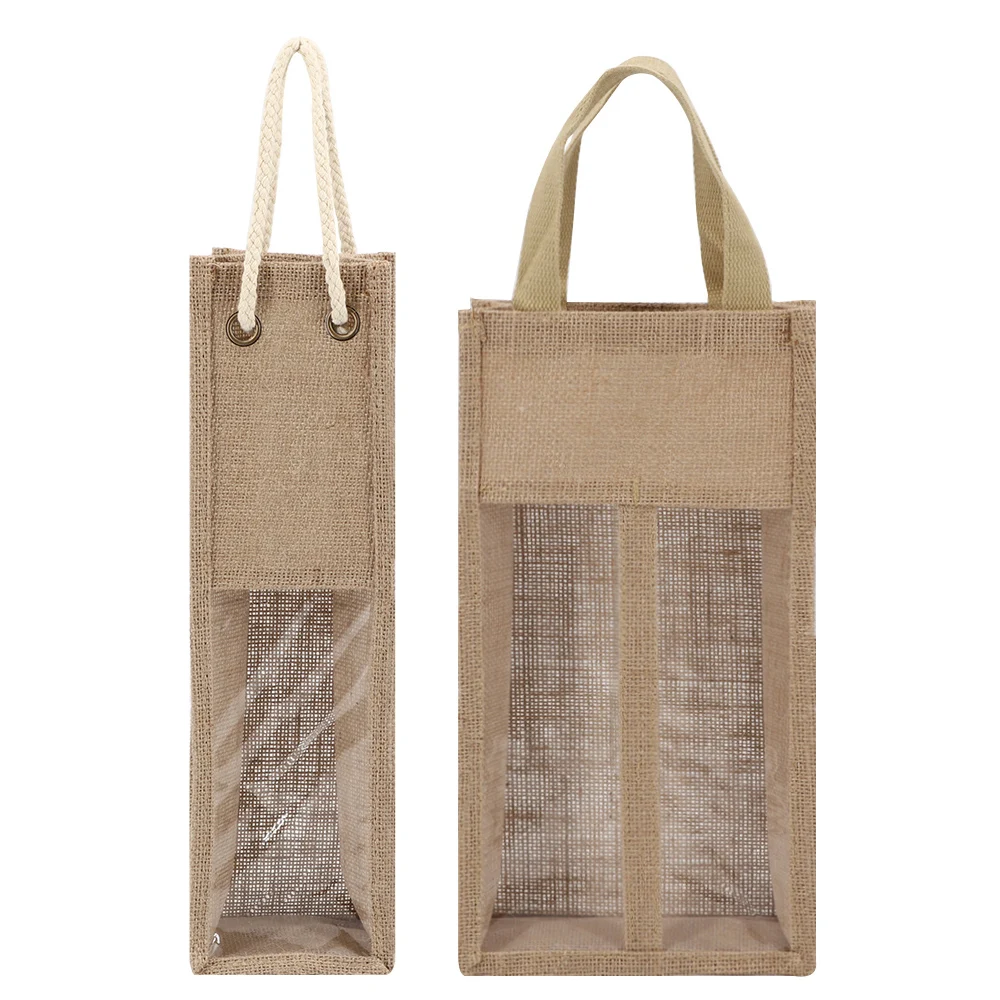 Reusable Natural Hemp Jute Wine Bottle Bag with Portable Factory Custom Burlap Jute Wine Gift Packaging Bags