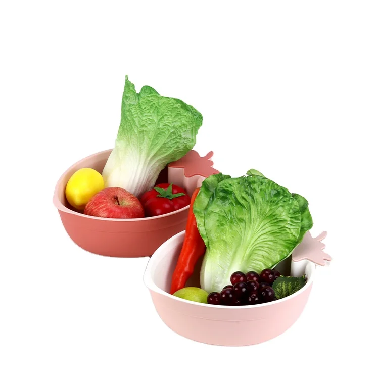 Custom Lovely Strawberry Shape Double Layer Fruit Colander Set Plastic Drain Basket With Small Storage Box