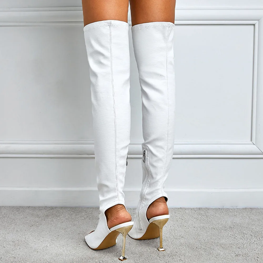 2024 Fashion Pu Leather White Black Metal Zipper Open Toe Sandals Thigh High Street Wear Over The Knee Boots Women