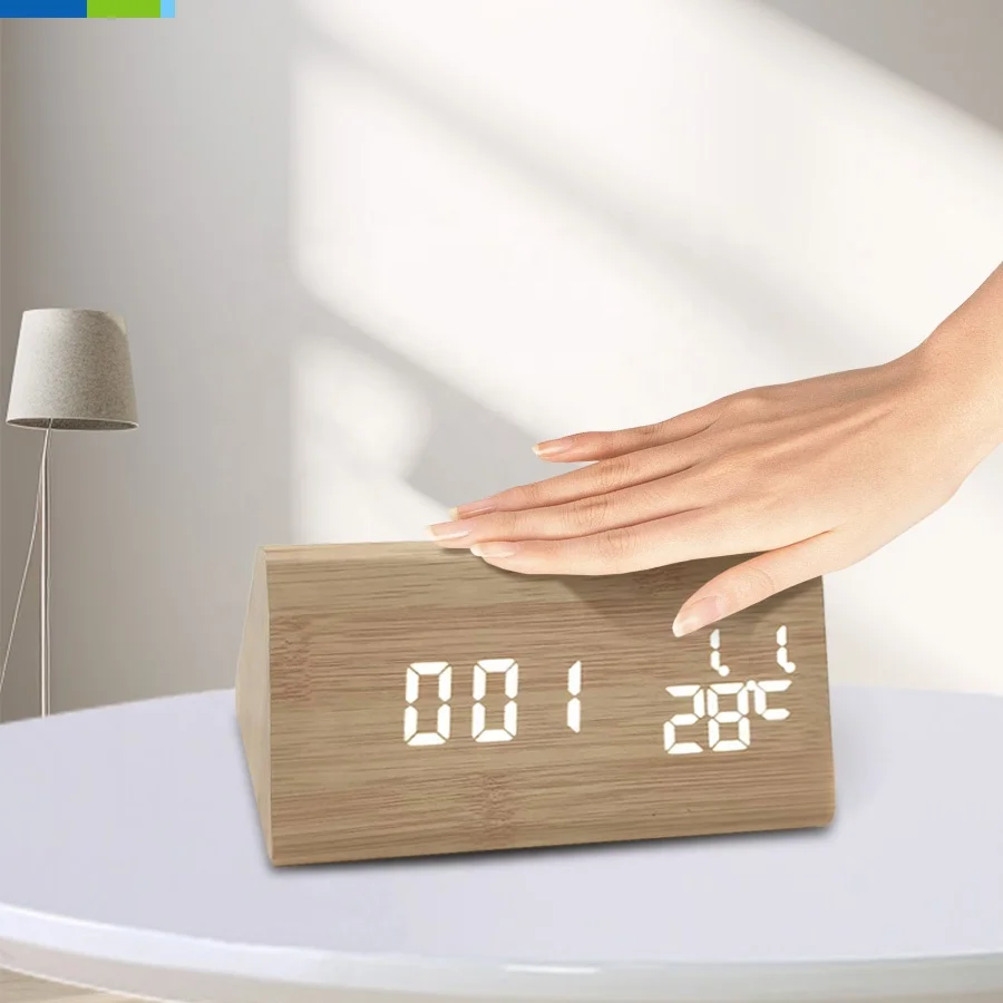 LCD Digital LED Wooden Square Alarm Clock Time Date Temperature Display-Smart Table Clocks Night Light Lamp Desktop Decoration