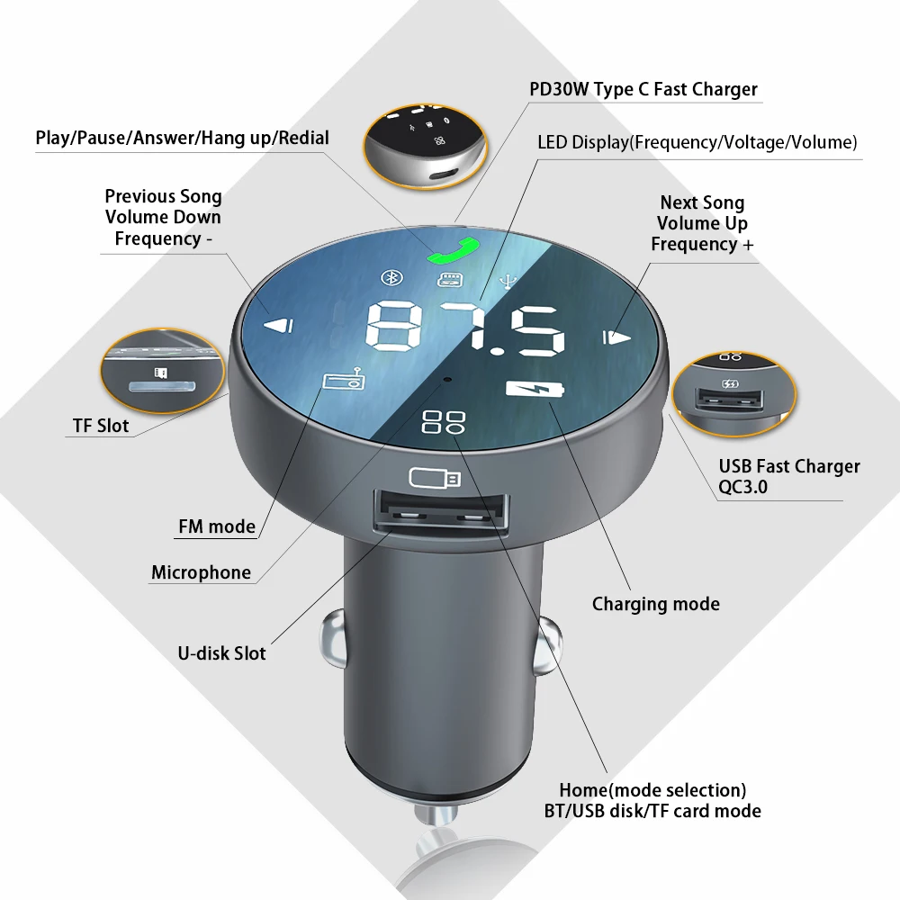 Fm Transmitter For Car Fast Charger Qc3.0 Usb Type C Pd Charger Car Usb Charger Mp3 Player BT 5.0 Handsfree Wireless Car Kit