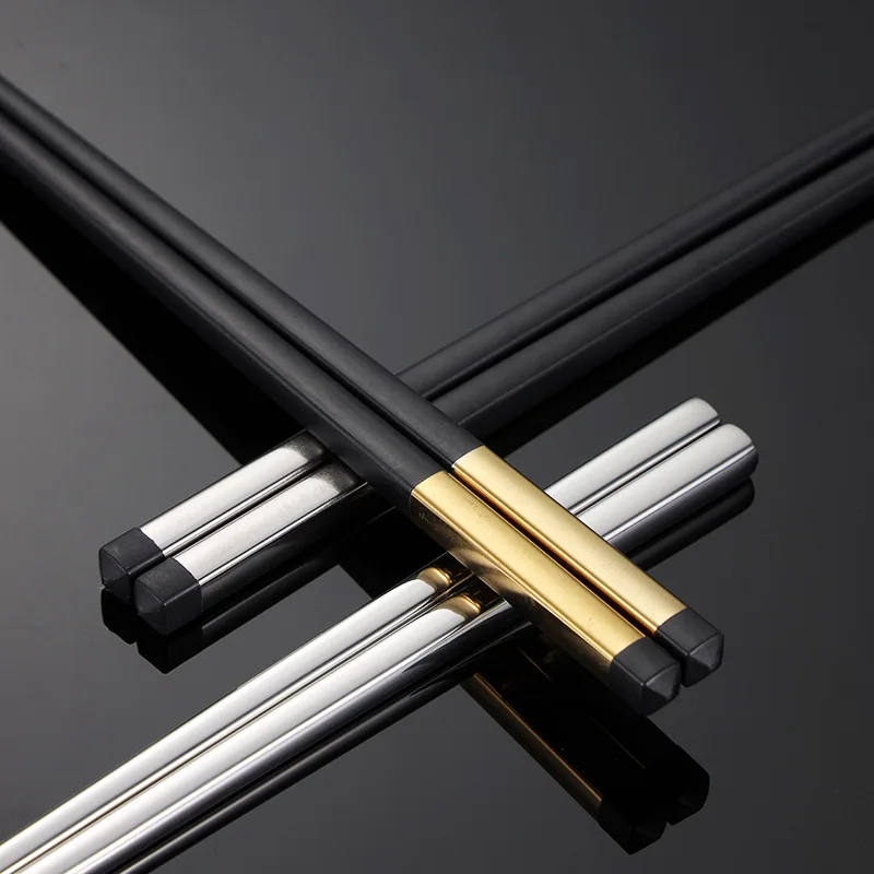 Reusable Custom Square Shape Luxury Titanium Plated Color Stainless Steel Non-slip a Pair of Chopstick