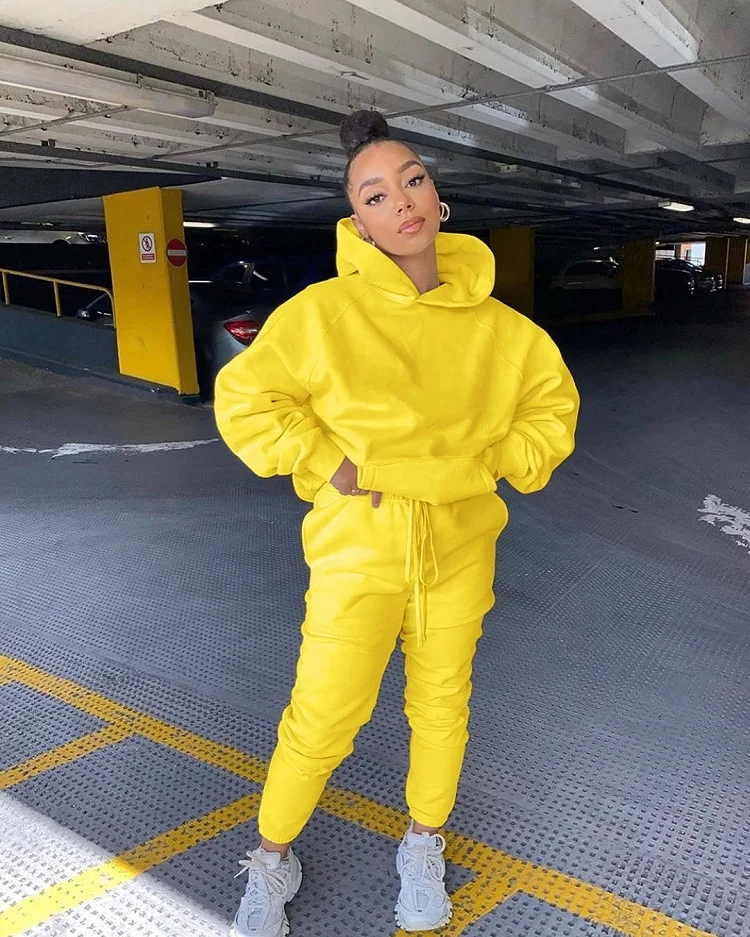 Wholesale casual hoodie solid color sports suit for women two-piece set