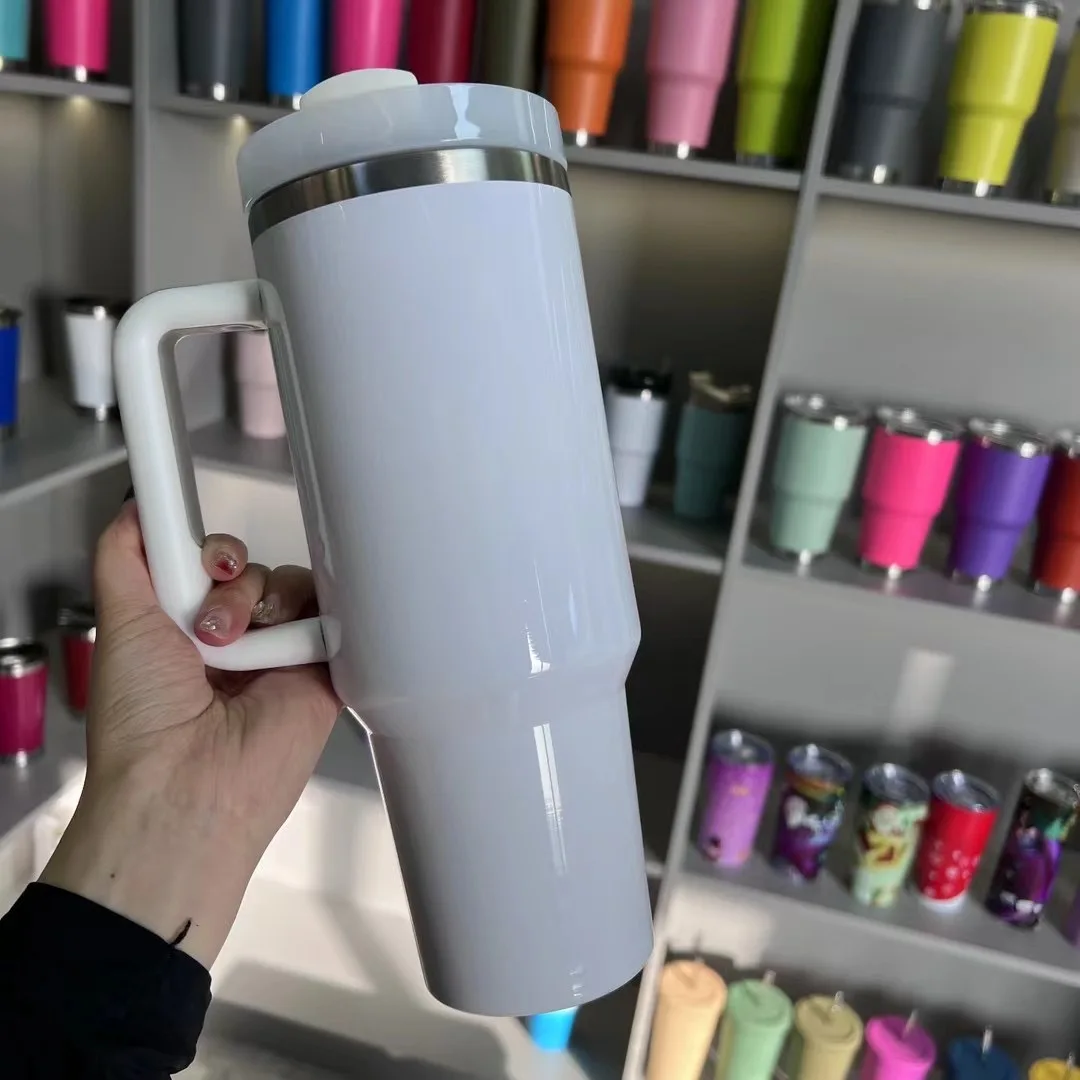 Дорожная кружка для склада США 40 унций Белый стакан с ручкой двойные стенки из нержавеющей стали сублимационные заготовки