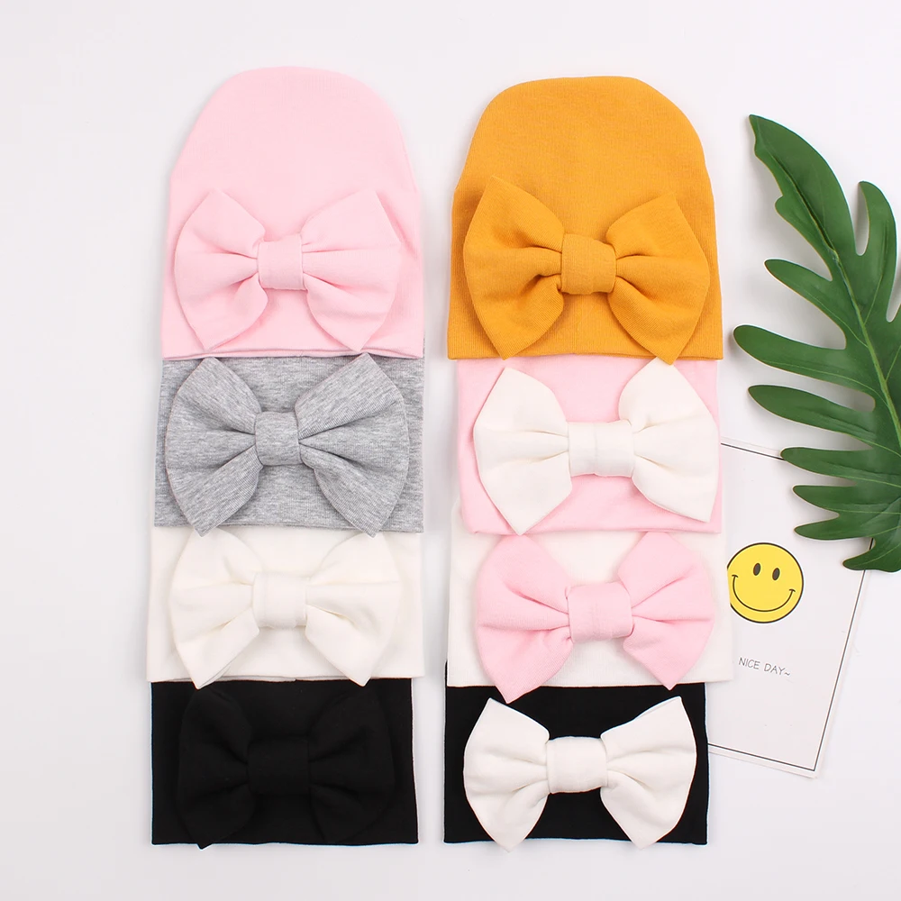 Baby Girl Customized Infant Beanie with Plain Bow 100% Cotton Hospital Warm Hat Newborn for Autumn
