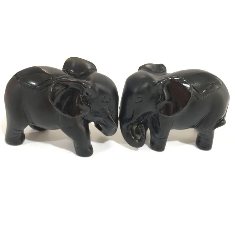 Wholesale Natural Quartz Carved Cute Animal  Elephant Statue Crystal Black Obsidian Carving For Gift