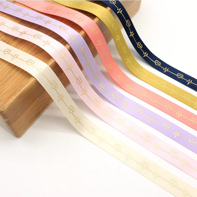 Wholesale Gold Foil Love Heart Custom Logo Printed Satin Ribbon For Home Wedding Decoration