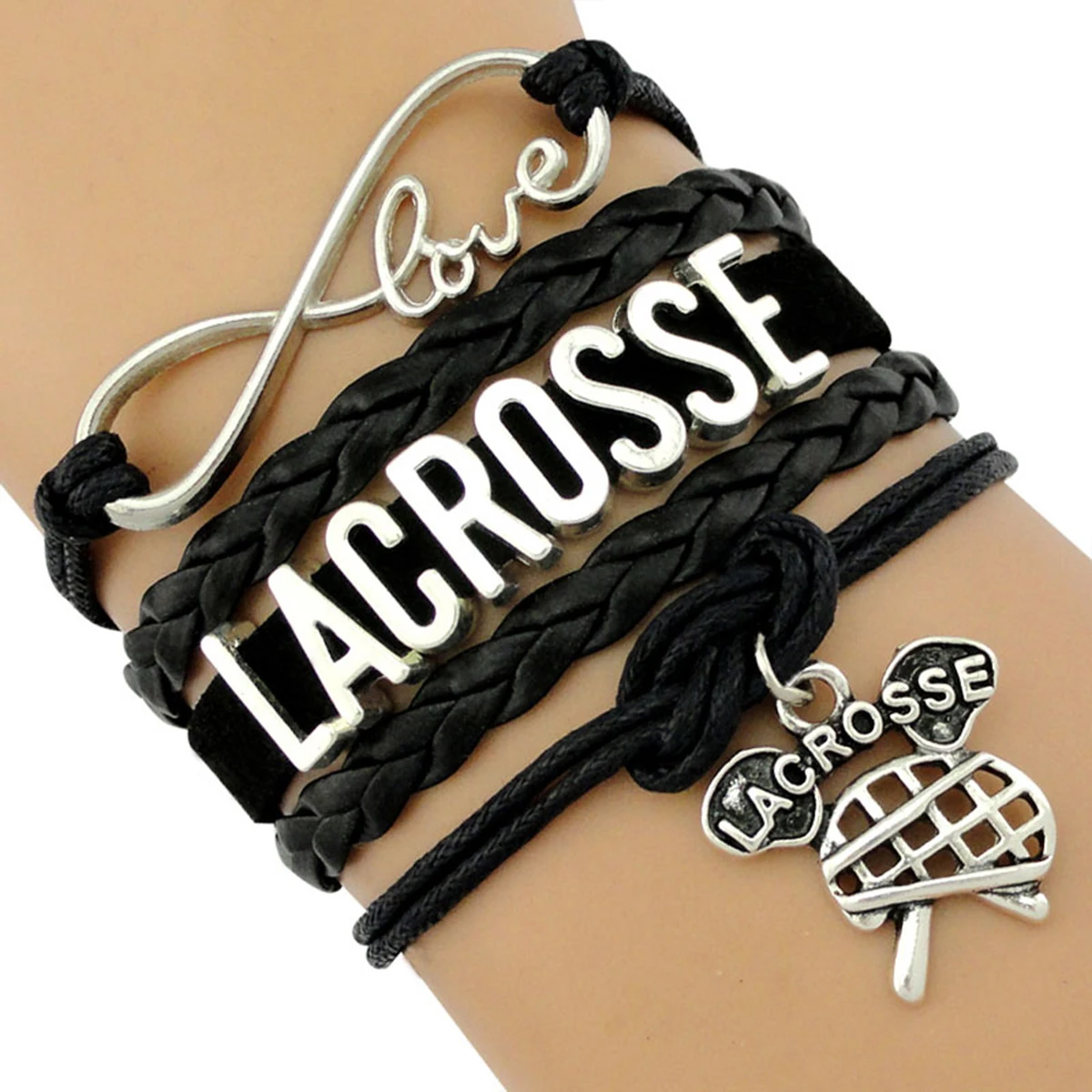 Factory Drop Shipping Infinity Love Lacrosse Bracelet Mom Stick Helmet Charm Black Leather Jewelry Men Bracelet for Women