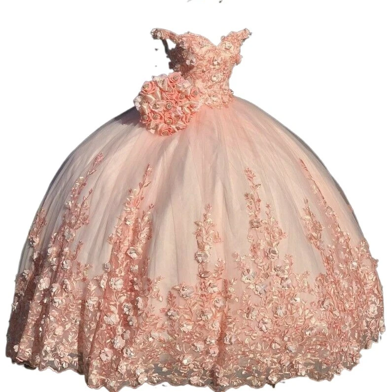 Очаровательное бальное платье розовые платья Quinceanera кружева аппликация бисером милые 15 16 платьев с открытыми плечами свадебное