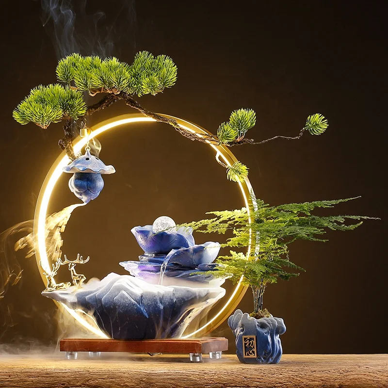 High Quality Home Decor Mini Fengshui Tabletop Water Fountain Smoke Ceramics Waterfall Water Fountain With Light Incense Burner