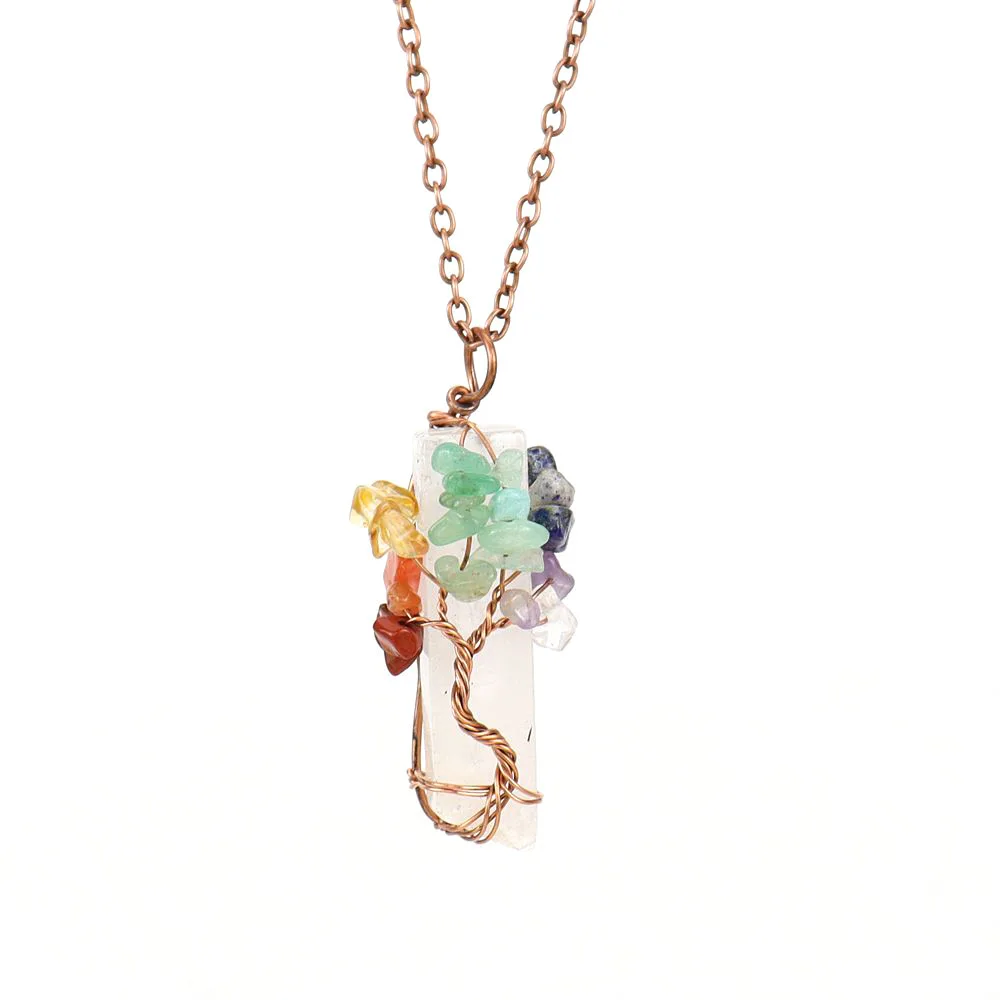 CELION Natural Chakra Tree of Life Wire Wrapped Clear Quartz Healing Crystal Column Six Prisms Gemstone Necklaces