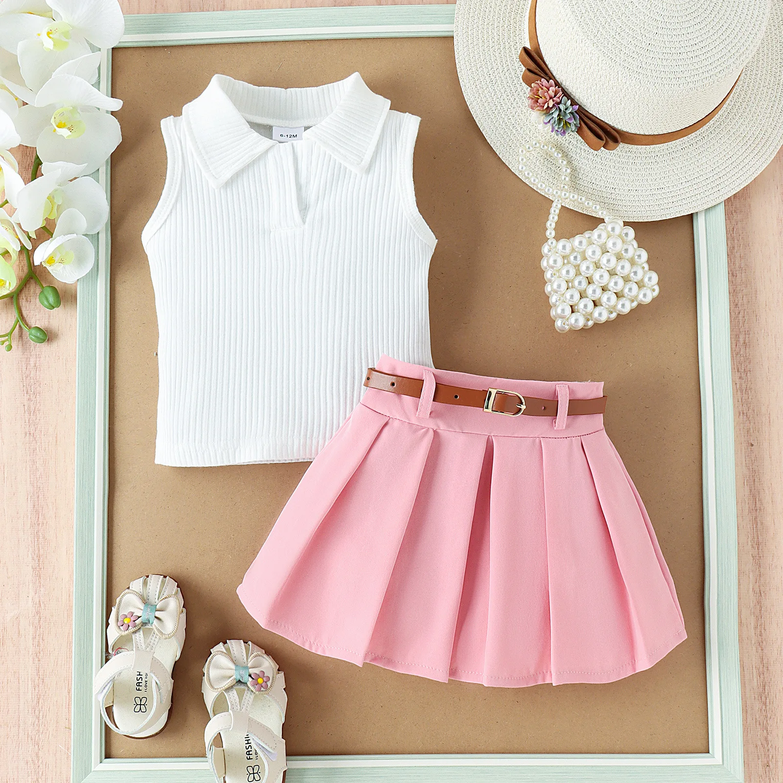 Summer Kids Fashion Clothes Sets Sleeveless Turn-down Collar Solid Vest Pleated Skirt With Belt Casual Outfit Kids Clothing