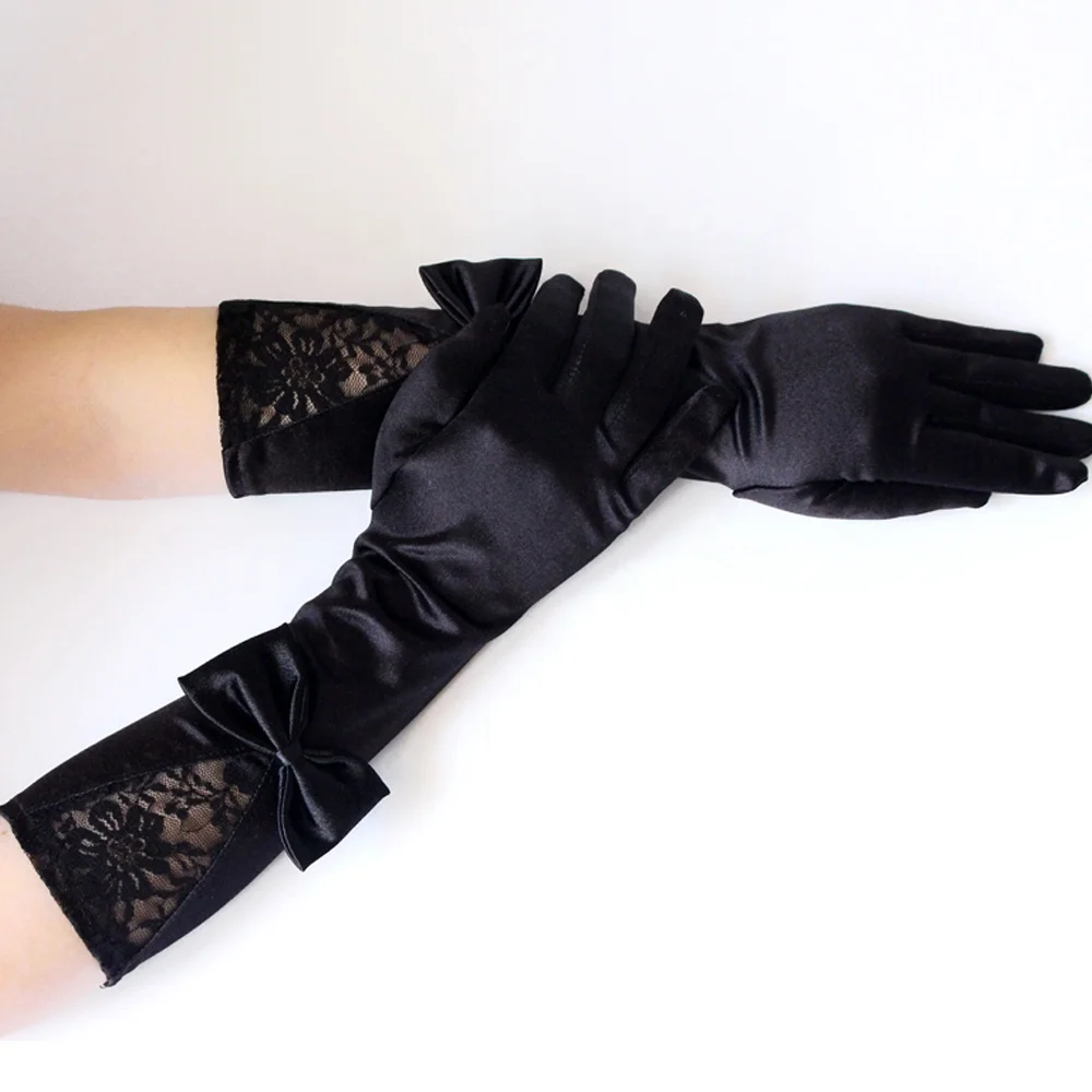 Nylon Satin Gloves with Bow Lace Elegant Wedding Bridal and Dance Performance Etiquette Gloves for Nightclubs