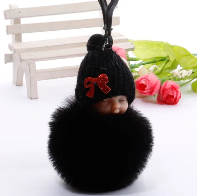 Wholesale 8cm Cute Pom Pom Ball Plush Keychains Sleeping Baby Doll Cartoon Pendant Key Ring Key Chain