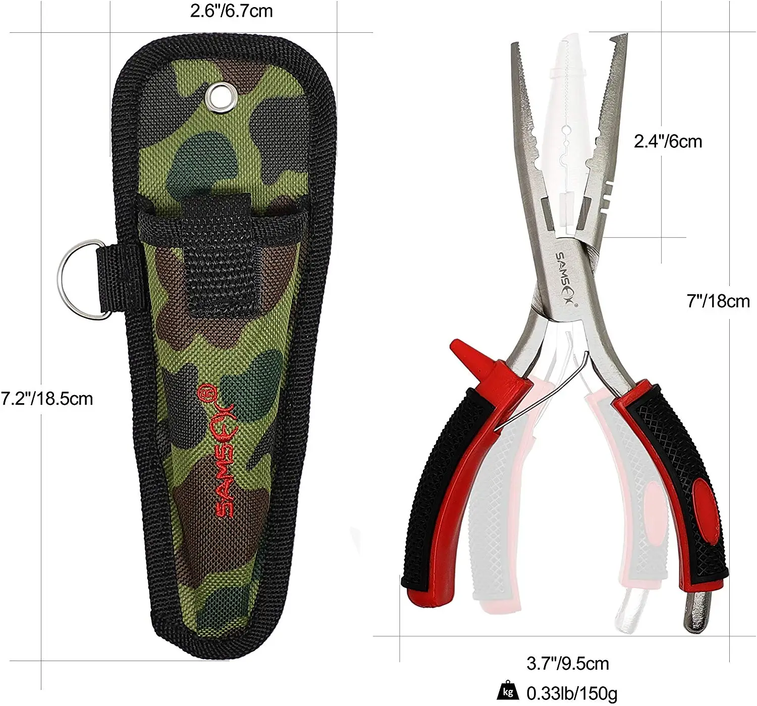 
SAMSFX Fishing Pliers with Coiled Lanyard and Camo Sheath 7 inches Fishing Pliers with Quick Knot Tool 