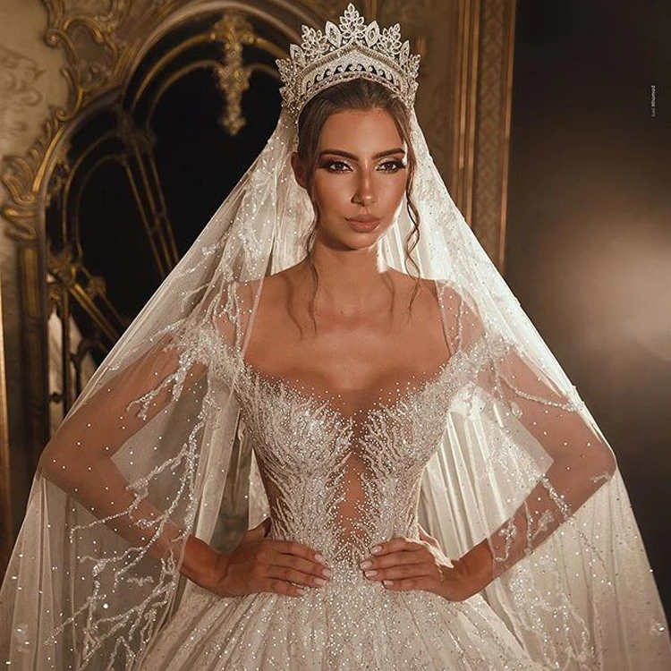 LUWEIYA New Beautiful Off Shoulder Sweetheart Bridal Gowns Vestidos De Novia Luxury Lace Women Dresses Long Train Wedding Dress