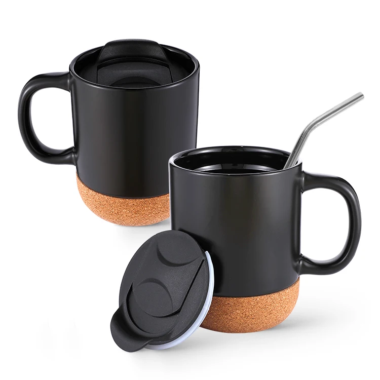 Custom Matte Black Ceramic Mug with Built-in Cork coaster Coffee Cup Handle