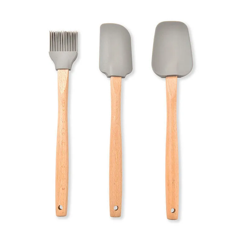 Heat Resistant Silicon Oil Brush And Spatula Kitchen Set Spatula Kids Cooking And Baking Gift Set Solid Wood Handle