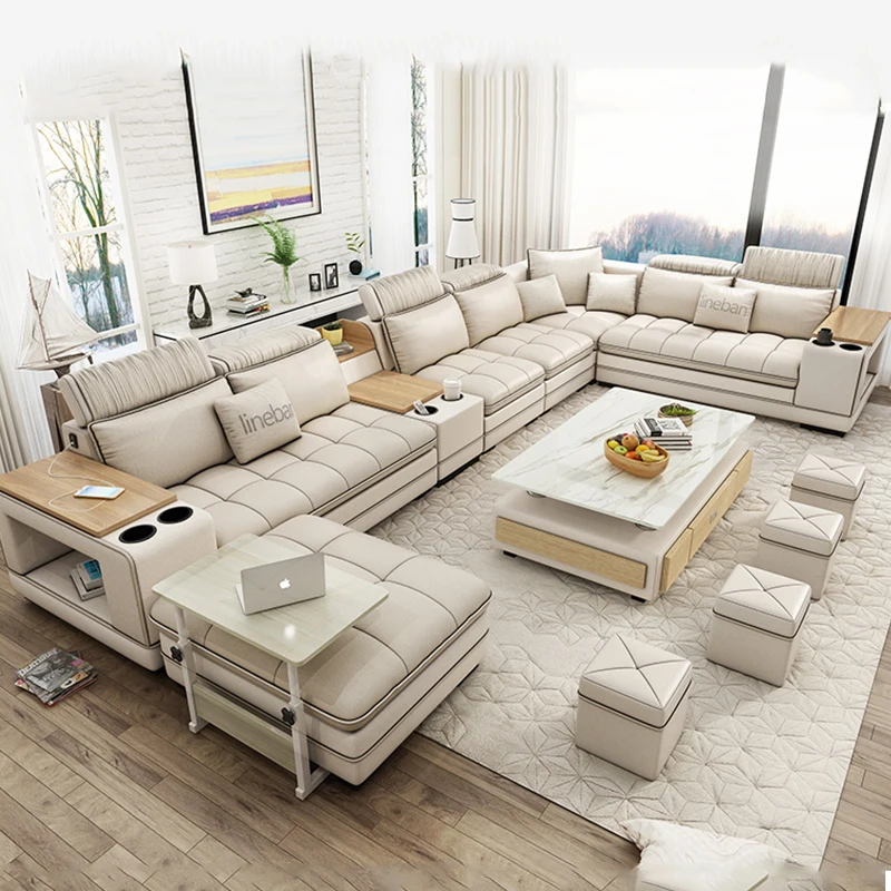 L Shape Set Has Modern European luxury fabric multi-functional living room sofa set 7-piece living room furniture