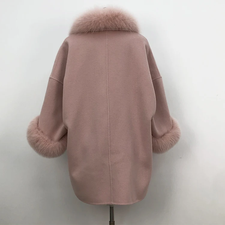 Women new fashion fox fur collar cloak short 100% genuine wool trench coat
