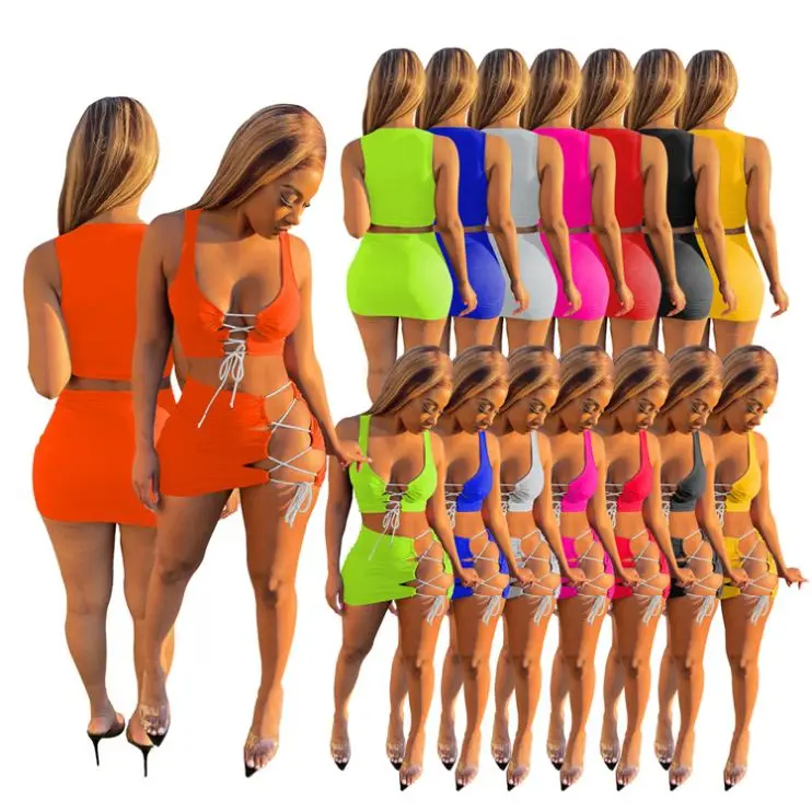 New Arrival Suspender Lacing Summer Popular Women 2 Piece Sets Womens Two piece Skirt Set (1600205527994)