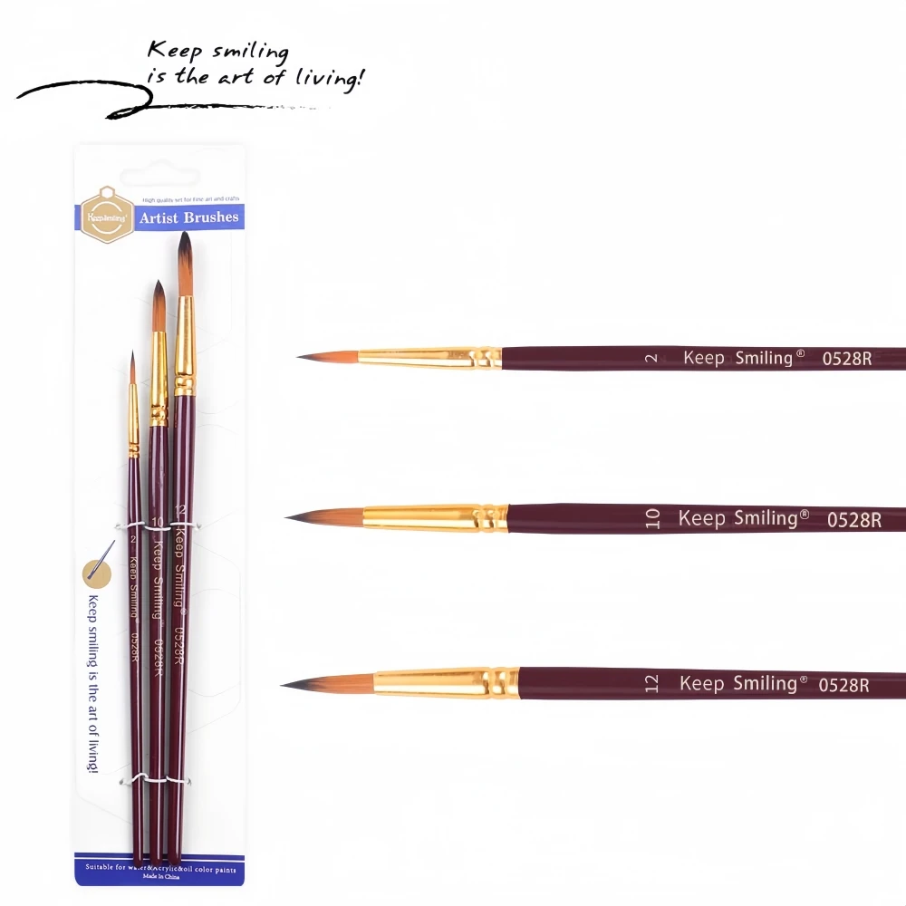 Keep Smiling Wood Handle Art Painting Paint Brush Set of 3 Acrylic Paint Brushes For Watercolor Oil