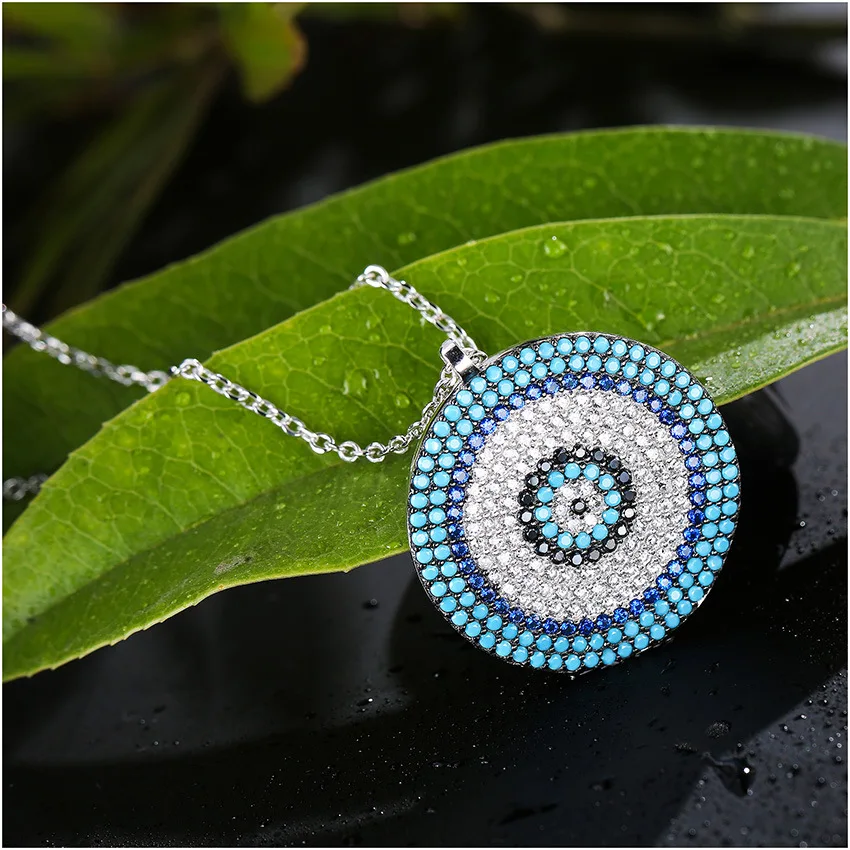 Women Mati Turkish Evil Eye Round Greek Nazar Hamsa Eye 925 Sterling Silver Pendant Jewelry Necklace