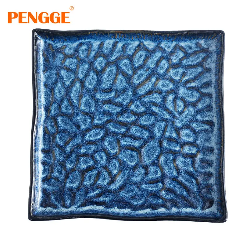 Wholesale luxury new products, blue relief plates, modern design ceramic kiln turned ceramic tableware